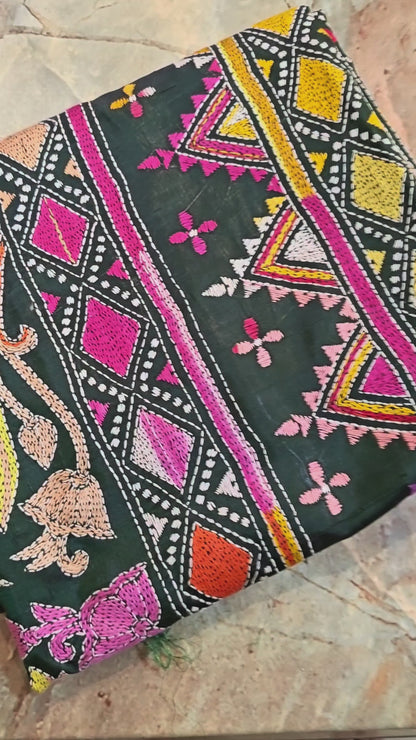 Pure Silk Saree with Kantha-Stitched - Green