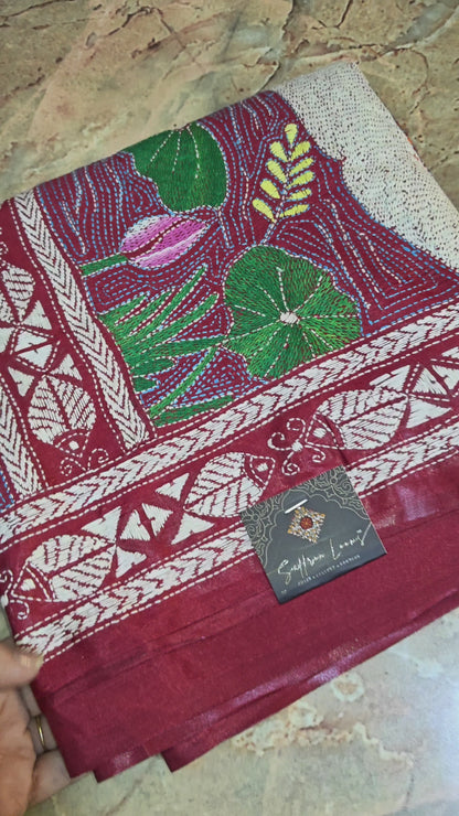 Pure Silk Saree with Kantha-Stitched - Maroon