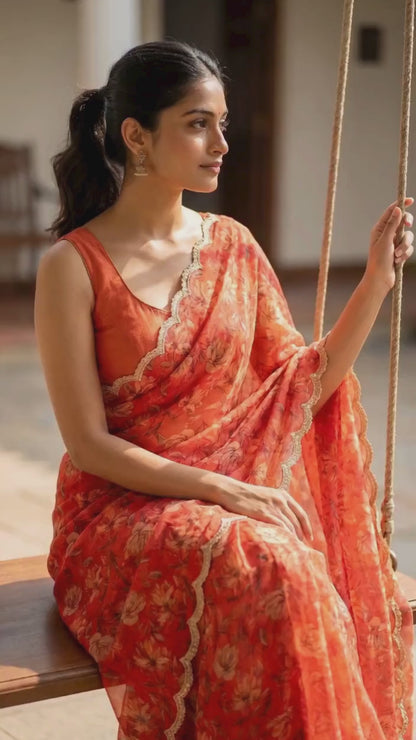Burnt Orange Floral Silk Chiffon Saree with Golden Scalloped Lace