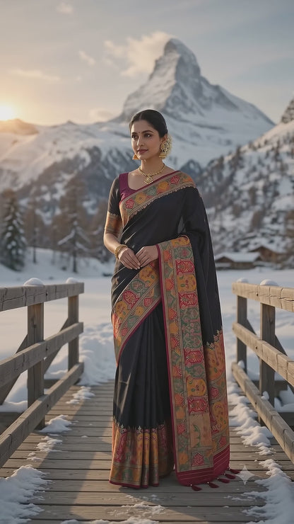 Midnight Black Handwoven Kani Silk Saree