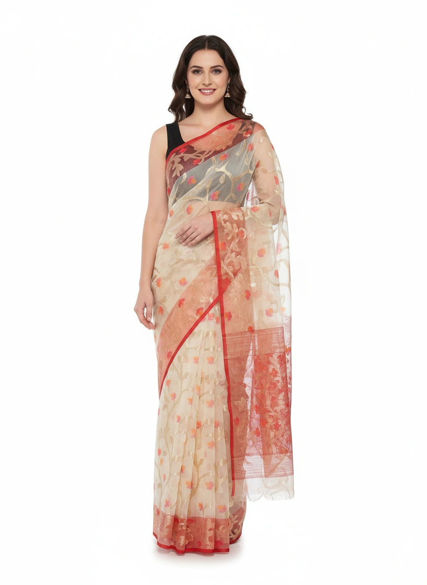 Cream muslin organza saree with red border and Jamdani floral embroidery, styled on mannequin with a flower vase and black background.