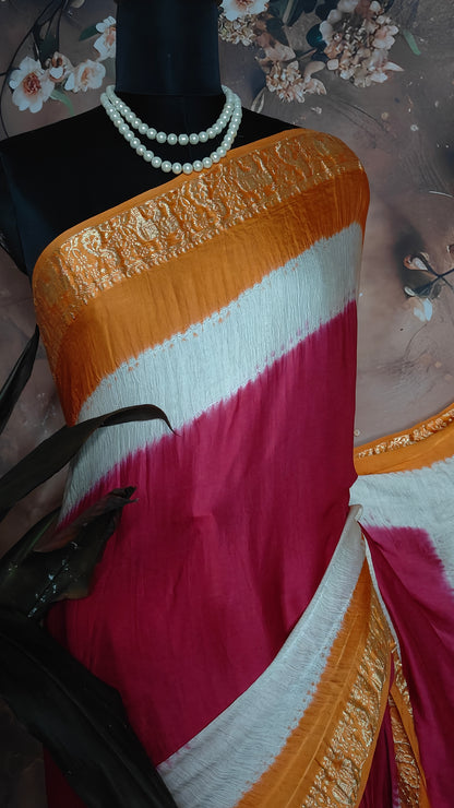 Pink & Mustard Modal Silk Saree with Zari Work – Stylish Ethnic Saree for Daytime Functions