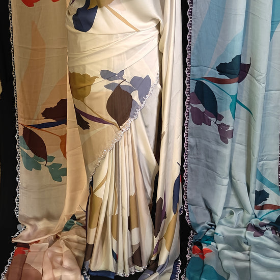 Satin-Georgette Saree with Artistic Floral Print – Available in 3 Colors