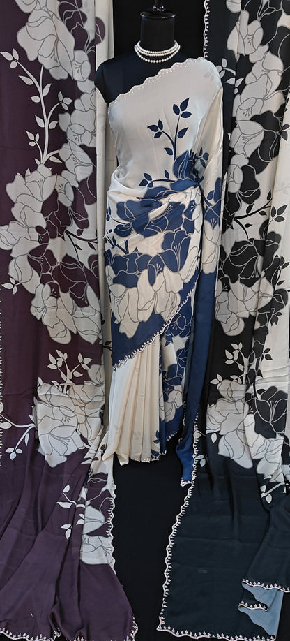Satin Saree with Bold Floral Motifs & Scalloped Border – Available in Blue, Black, and Wine Red colors.