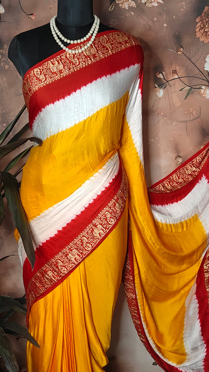 Yellow & Magenta Modal Silk Saree with Zari Border – Festive Wear for Weddings & Celebrations