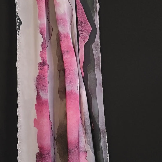 Pink satin saree with abstract print and scalloped silver border
