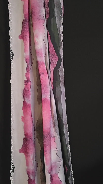 Pink satin saree with abstract print and scalloped silver border