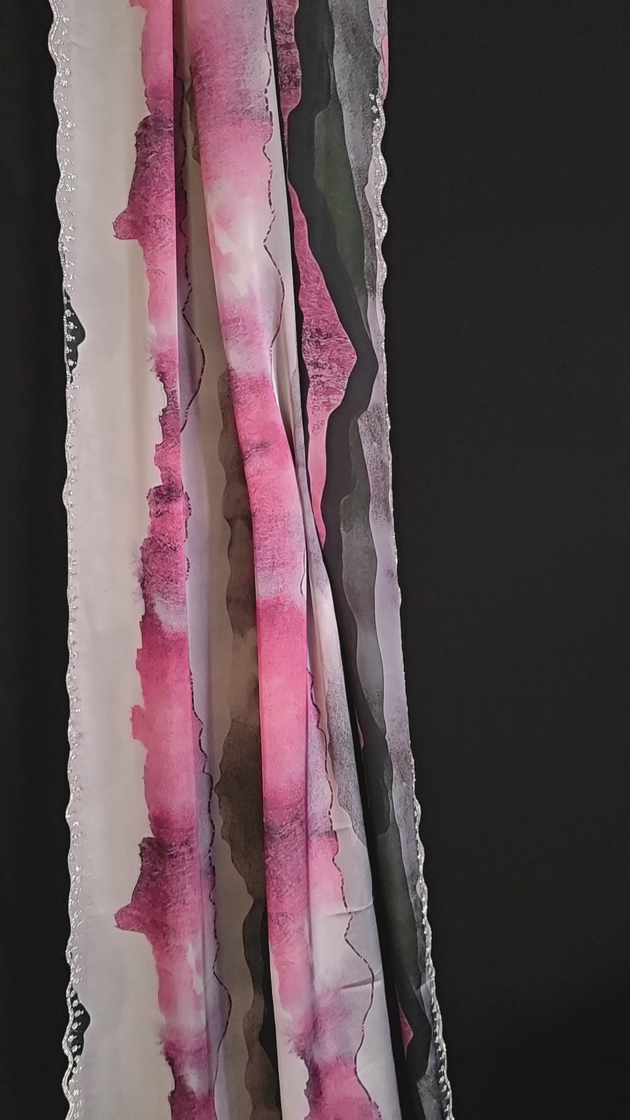 Pink satin saree with abstract print and scalloped silver border