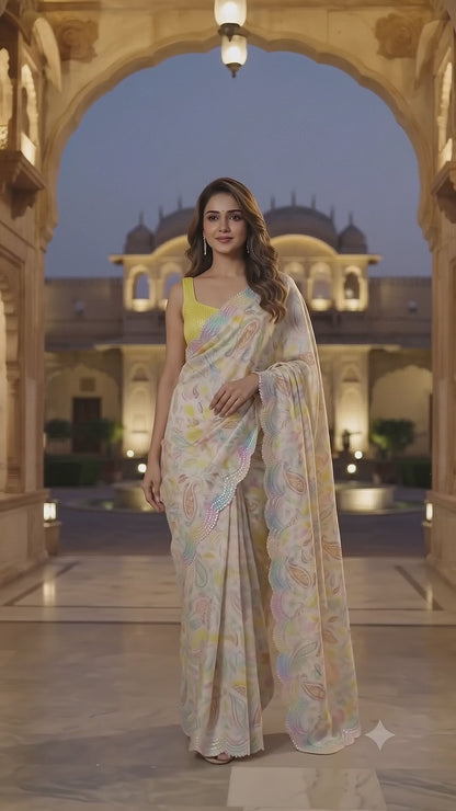 Cream Patola-Paisley Pure Jacquard Silk Saree with Pastel Embroidered Border