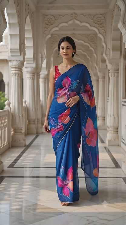 Pure Chinon Saree with Ornate Floral Digital Print & Hand-Guided Embellishments – Royal Blue
