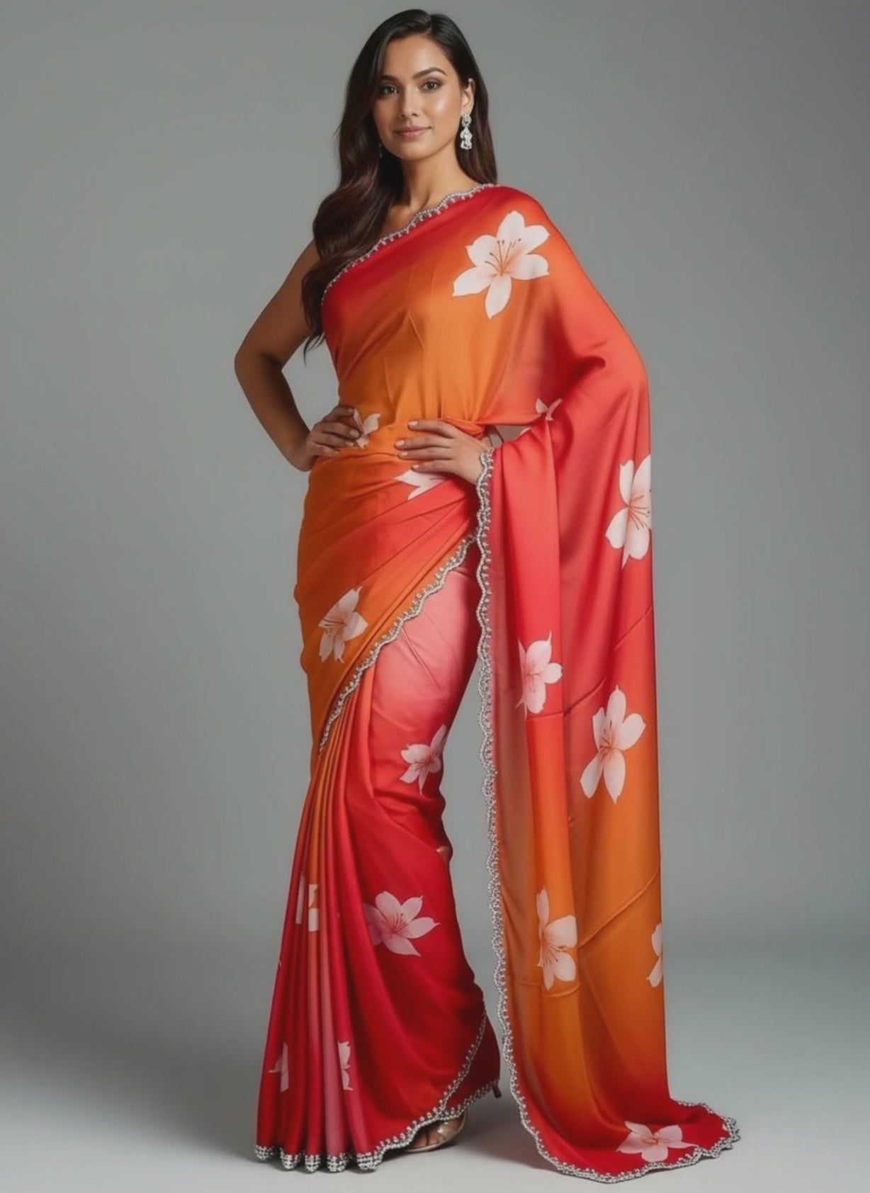 Woman wearing a red to orange gradient satin saree with white floral motifs and light zari border, elegant festive wear with floral patterns on a gray background.