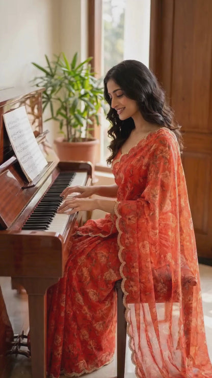Burnt Orange Floral Silk Chiffon Saree with Golden Scalloped Lace