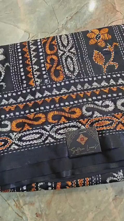 Pure Art Malai Silk Saree with Kantha-Stitched - Black