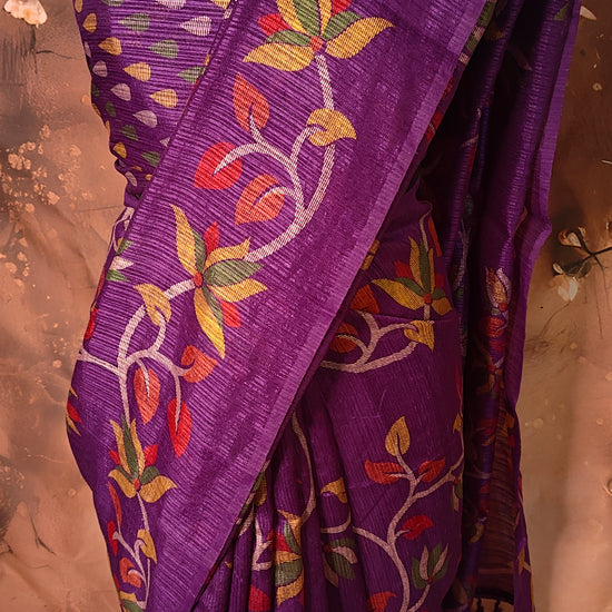 Designer Kota Blend Saree – Purple with Multicolor Leaf & Vine Motifs saree draped on a mannequin.
