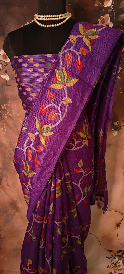 Designer Kota Blend Saree – Purple with Multicolor Leaf & Vine Motifs saree draped on a mannequin.