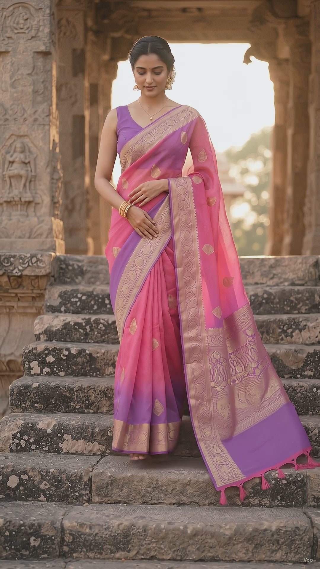 A front portrait of a woman walking down the stone stairs gracefully, showcasing the sheer organza texturing, gold buttis, and intricate purple zari paneling of her pink Banarasi silk saree
