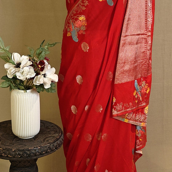 Red Silk Saree with Zari Embroidery with parrot motifs