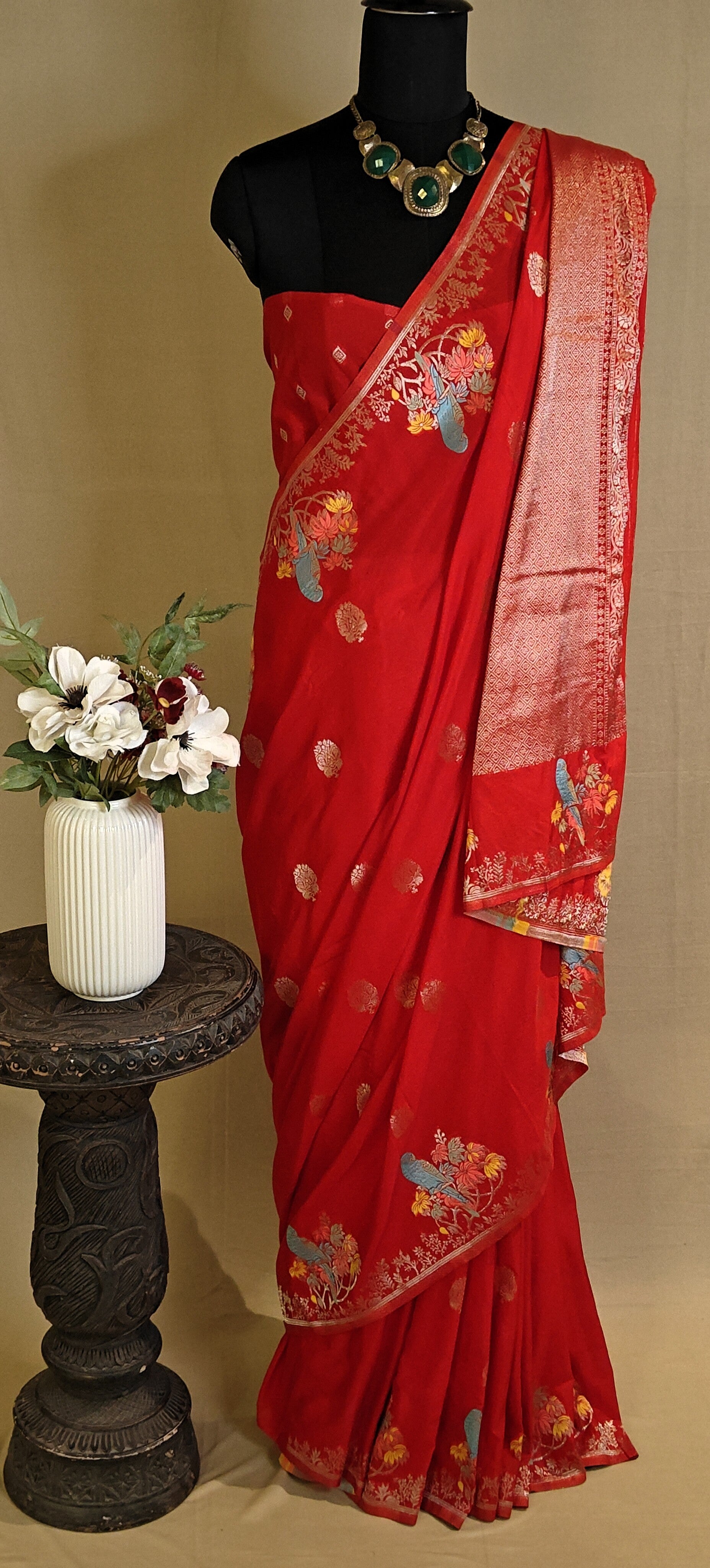 Red Silk Saree with Zari Embroidery with parrot motifs