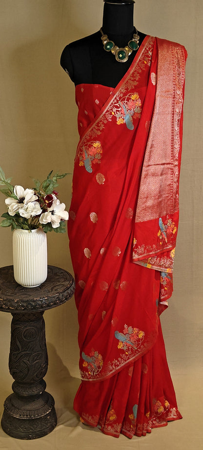 Red Silk Saree with Zari Embroidery with parrot motifs