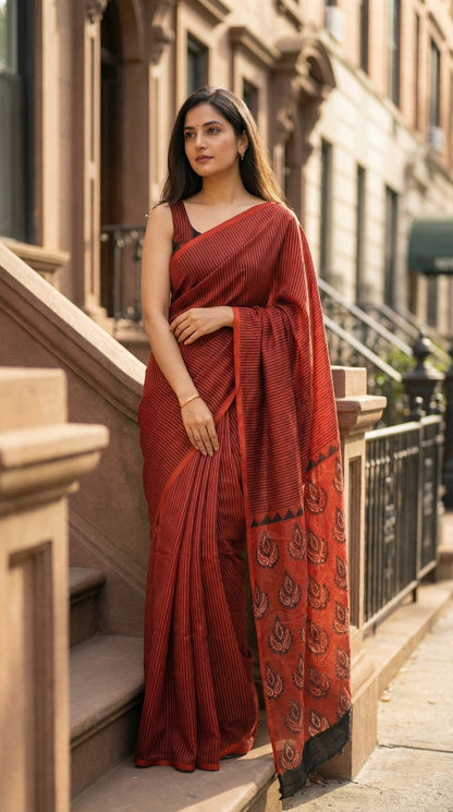 Woman in a red pure modal silk saree with traditional Ajrakh print, standing on a city street.