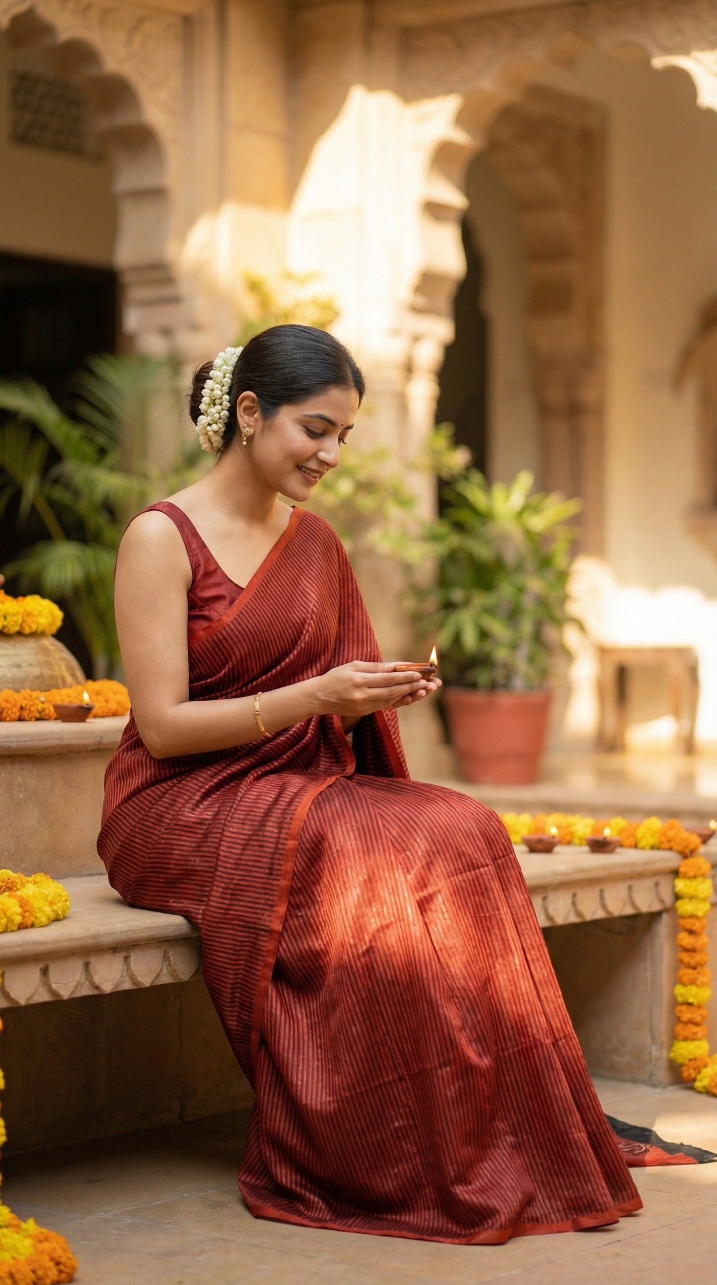 Woman in a red pure modal silk saree with traditional Ajrakh print, sitting in an ornate indoor setting with decorative elements.
