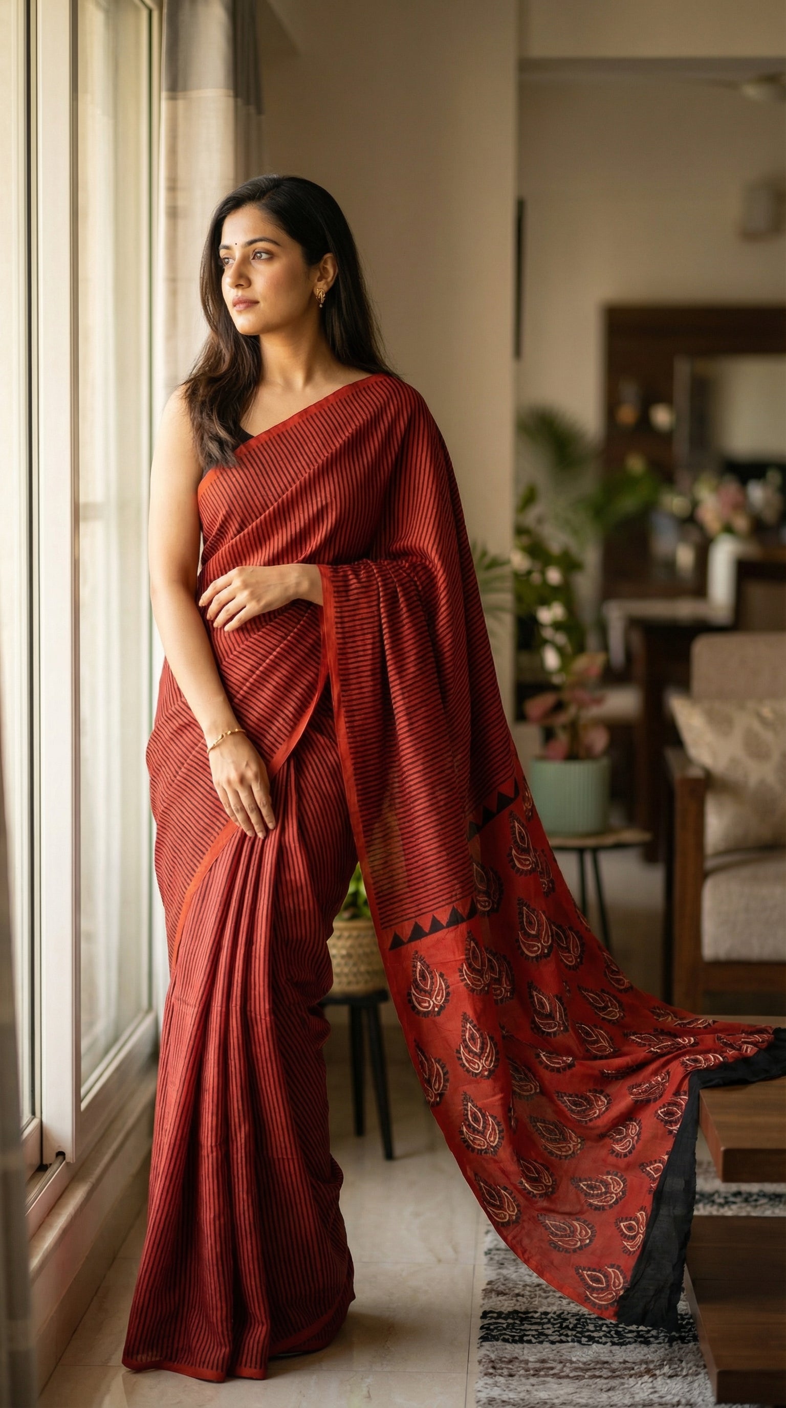 Woman in a red pure modal silk saree with traditional Ajrakh print, standing by a window in a home setting.