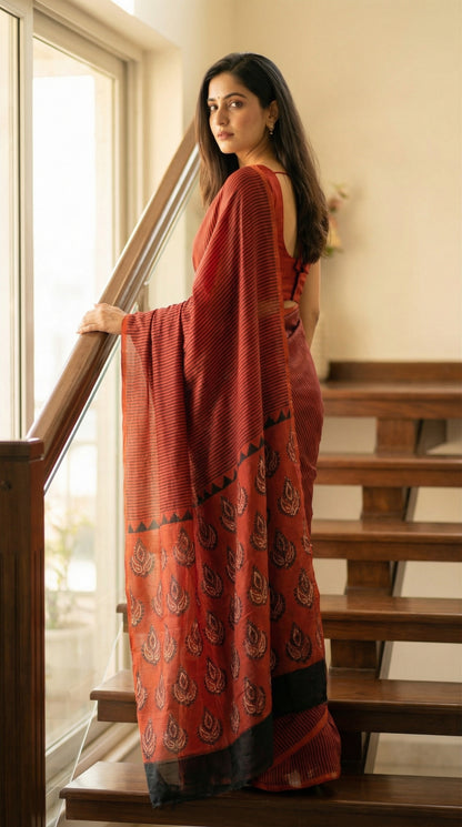 Woman in a red pure modal silk saree with traditional Ajrakh print, standing on a staircase.