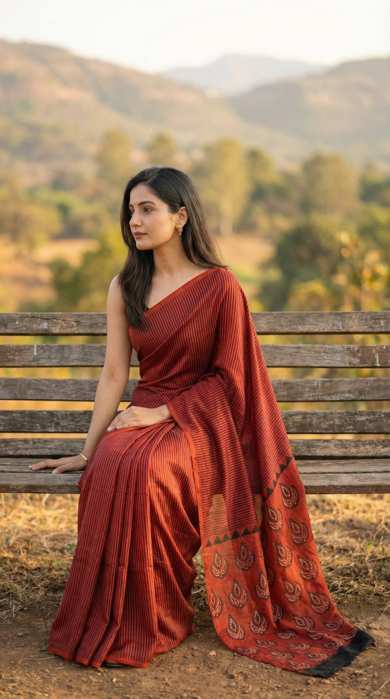 Woman in a red pure modal silk saree with traditional Ajrakh print, sitting on a wooden bench with a mountainous background