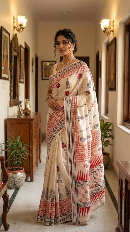 Woman in a pure Bishnupuri silk saree in white with red and black printed motifs inspired by traditional Indian art standing in a home interior setting.