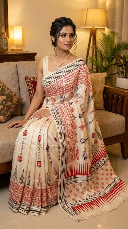 Woman wearing a pure Bishnupuri silk saree in white with red and black printed motifs inspired by traditional Indian art in a living room setting.