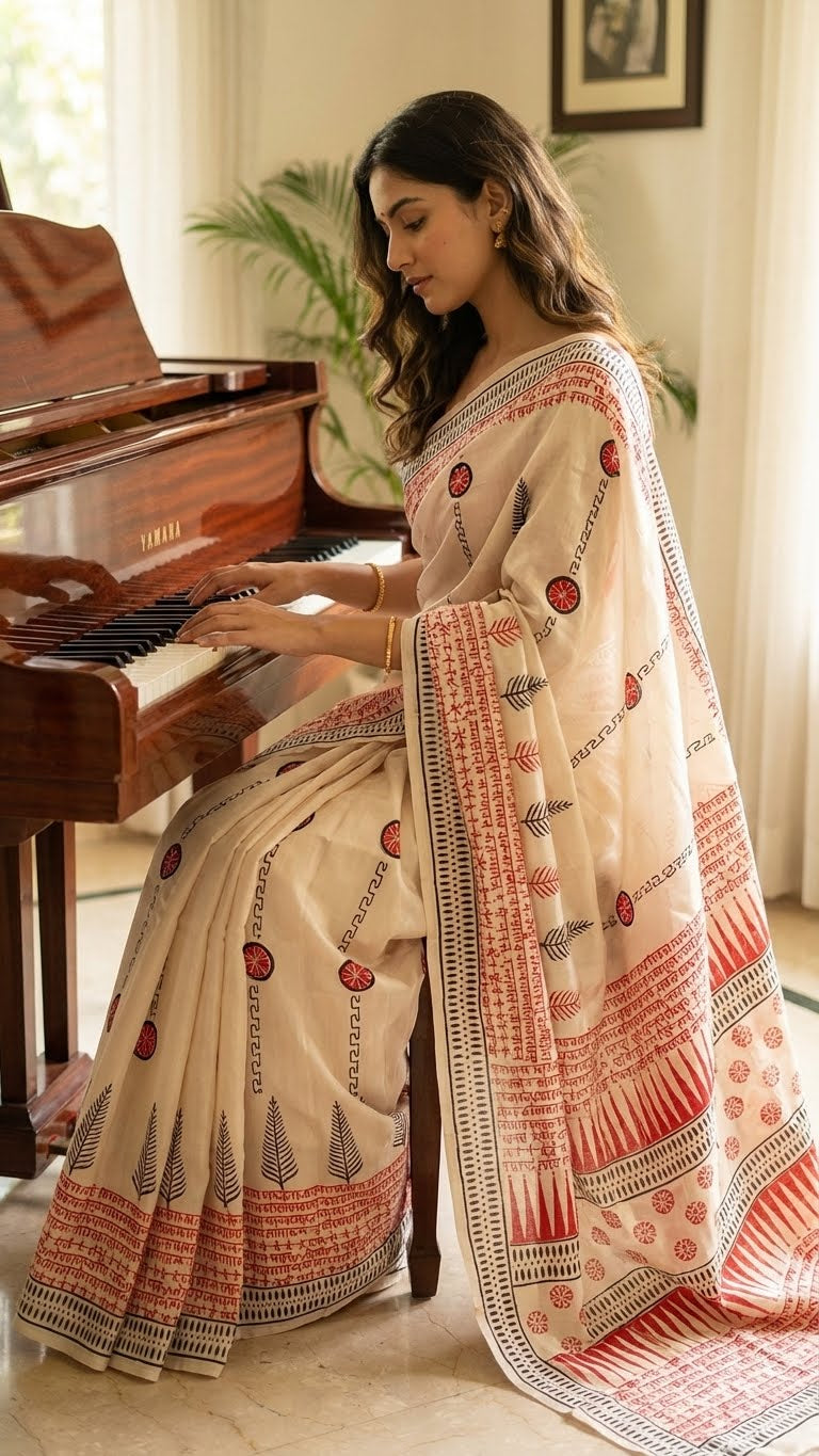 Woman in a pure Bishnupuri silk saree in white with red and black printed motifs inspired by traditional Indian art playing a piano in a room with a plant and framed picture.
