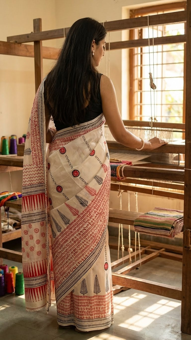 Woman in a pure Bishnupuri silk saree in white with red and black printed motifs inspired by traditional Indian art standing in front of a traditional loom.