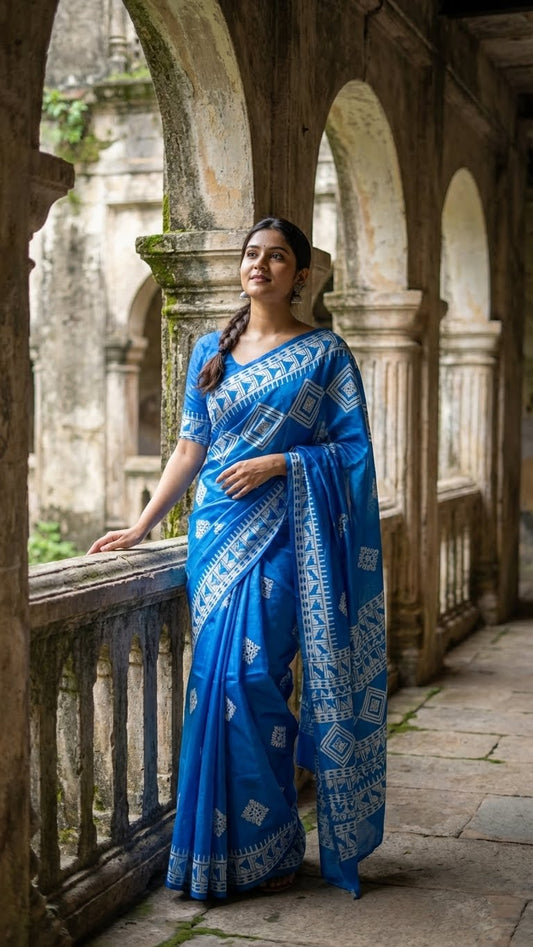 Woman in a pure bishnupuri silk saree in royal blue with white digital print motifs and geometric border standing in an architectural setting.