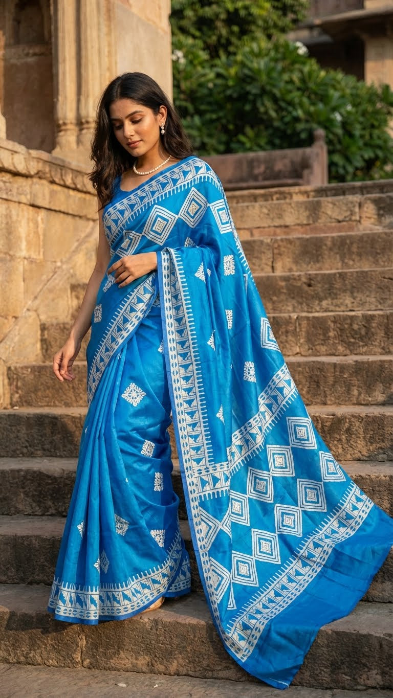 Woman wearing a pure bishnupuri silk saree in royal blue with white digital print motifs and geometric border standing on stone steps.