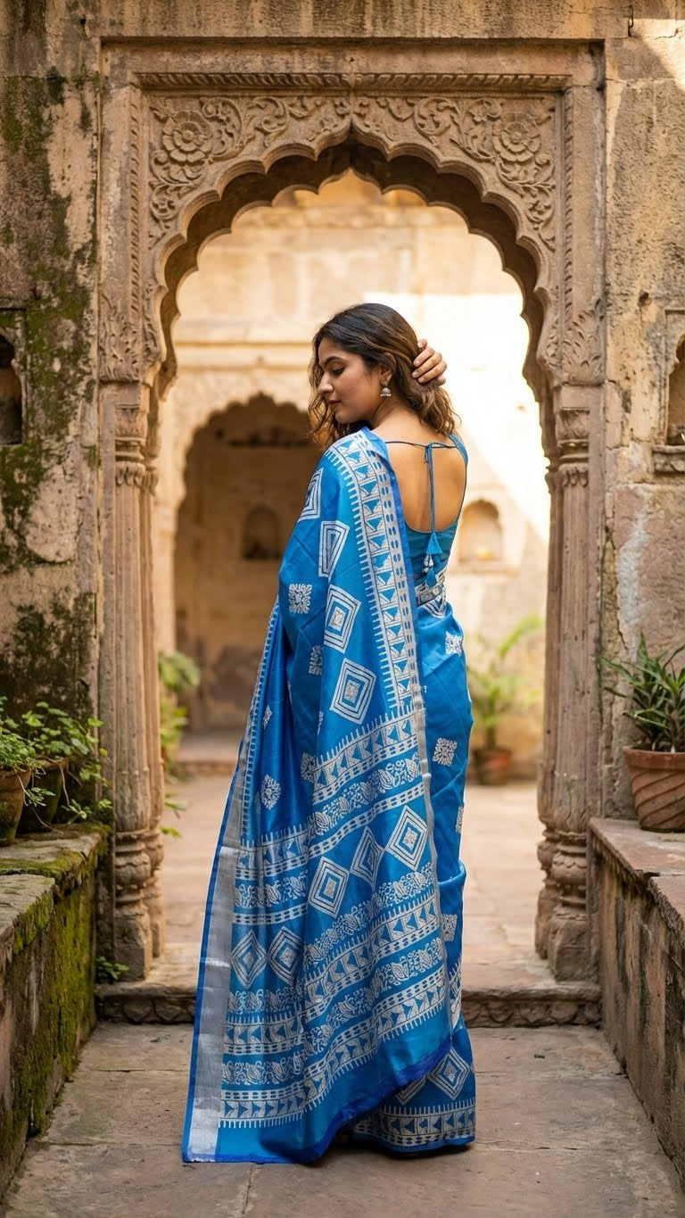 Woman in a pure bishnupuri silk saree in royal blue with white digital print motifs and geometric border standing in front of an ornate stone archway.