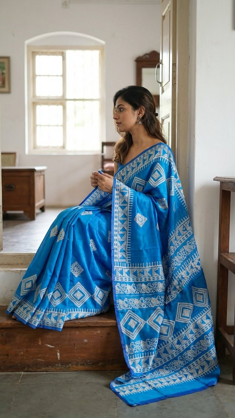 Woman wearing a pure bishnupuri silk saree in royal blue with white digital print motifs and geometric border in a room.