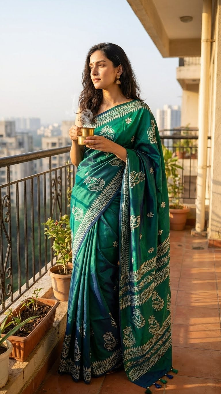 Woman in a pure Bishnupuri silk saree in dual tone green and blue with white floral motifs and elegant border draped standing on a balcony with plants and cityscape in the background.