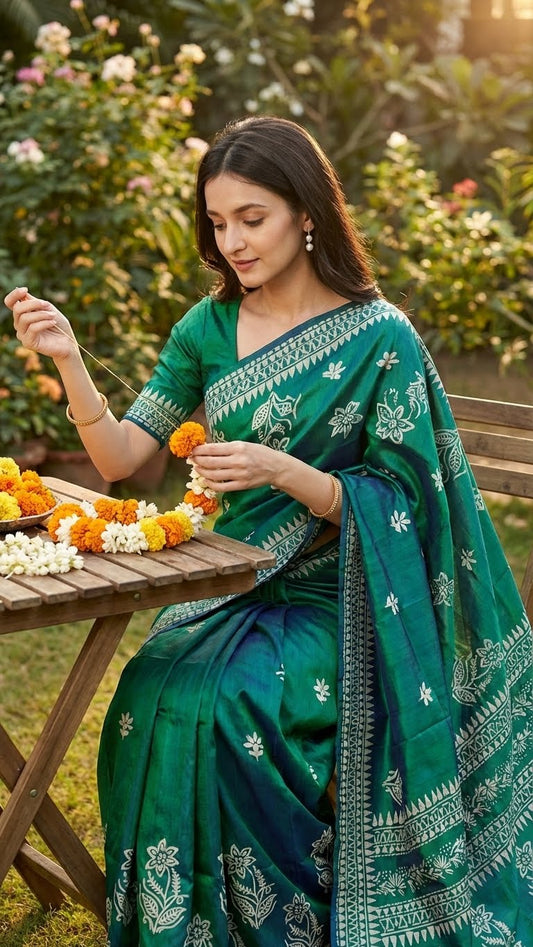 Woman in a pure Bishnupuri silk saree in dual tone green and blue with white floral motifs and elegant border draped with white patterns sitting outdoors with flowers.