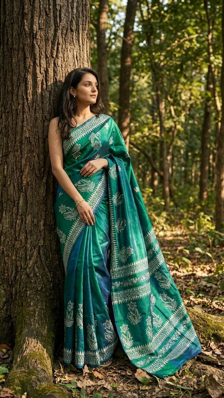 Woman in a pure Bishnupuri silk saree in dual tone green and blue with white floral motifs and elegant border draped standing in a forest.