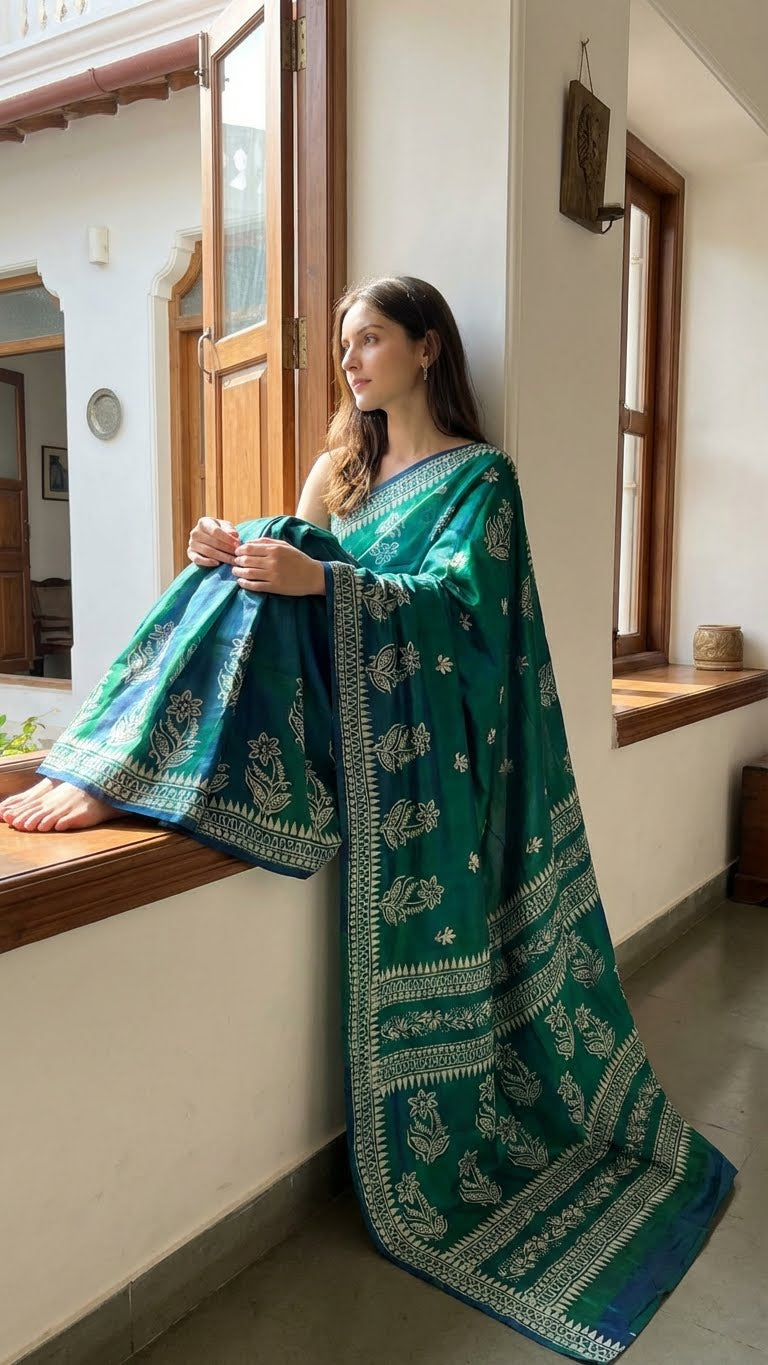 Woman wearing a pure Bishnupuri silk saree in dual tone green and blue with white floral motifs and elegant border draped with a traditional design, sitting by a window.