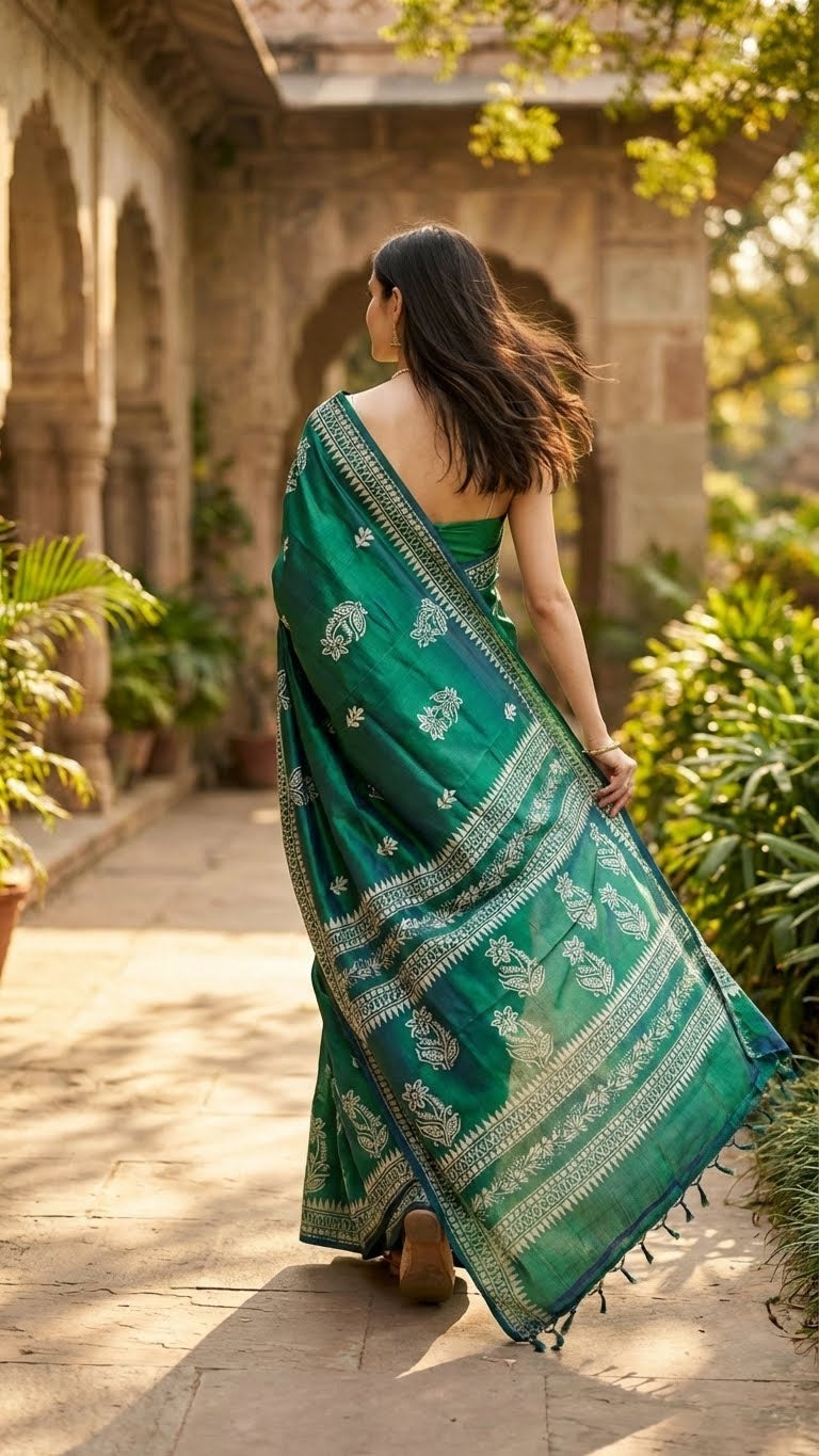Woman in a pure Bishnupuri silk saree in dual tone green and blue with white floral motifs and elegant border draped walking away in a sunlit courtyard with plants and arches.