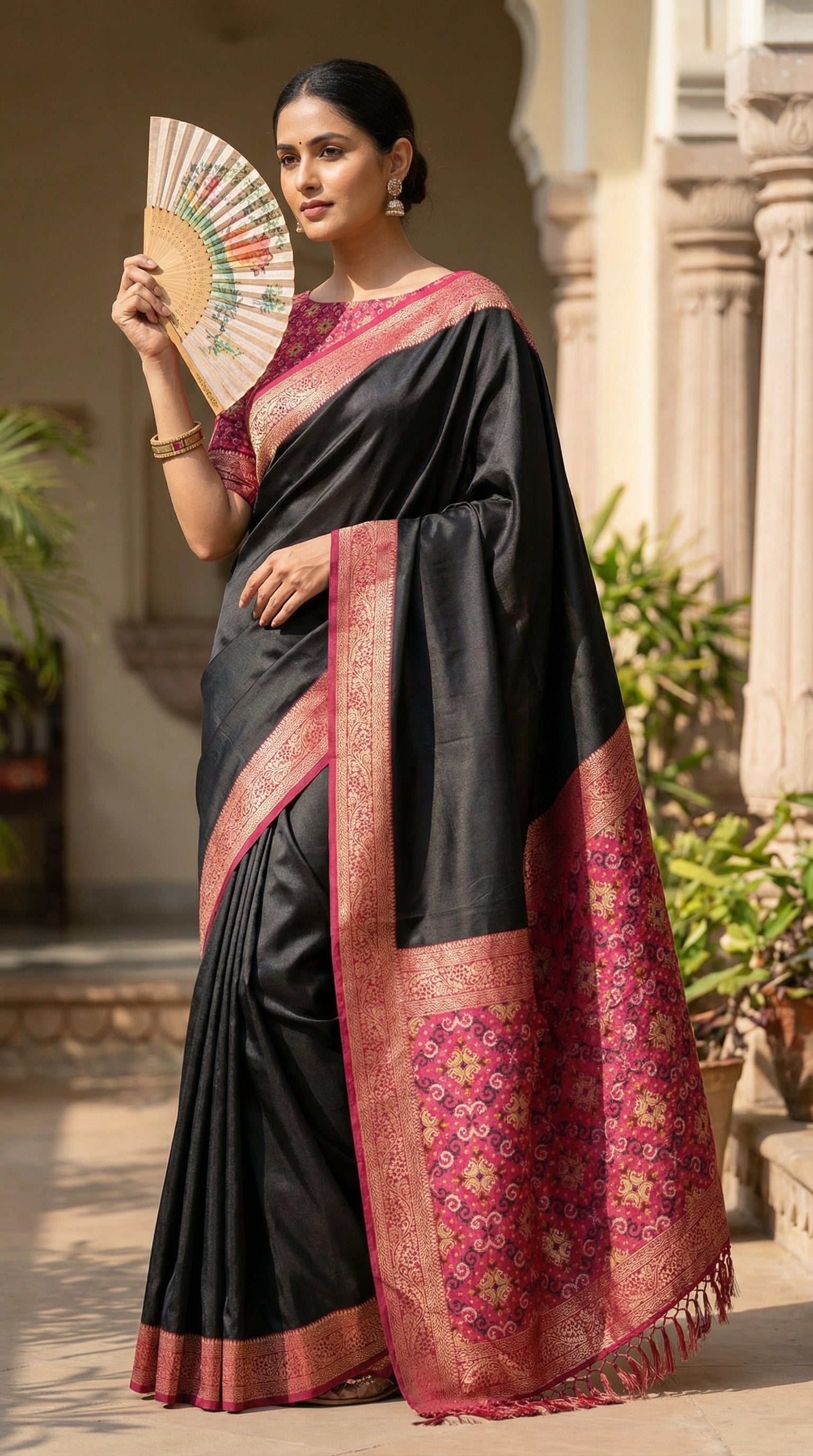 Woman wearing black pure soft silk saree with magenta zari border and golden motifs, standing with one hand holding an open hand-painted fan near the face, highlighting the saree's sleeve and shoulder drape in a house.