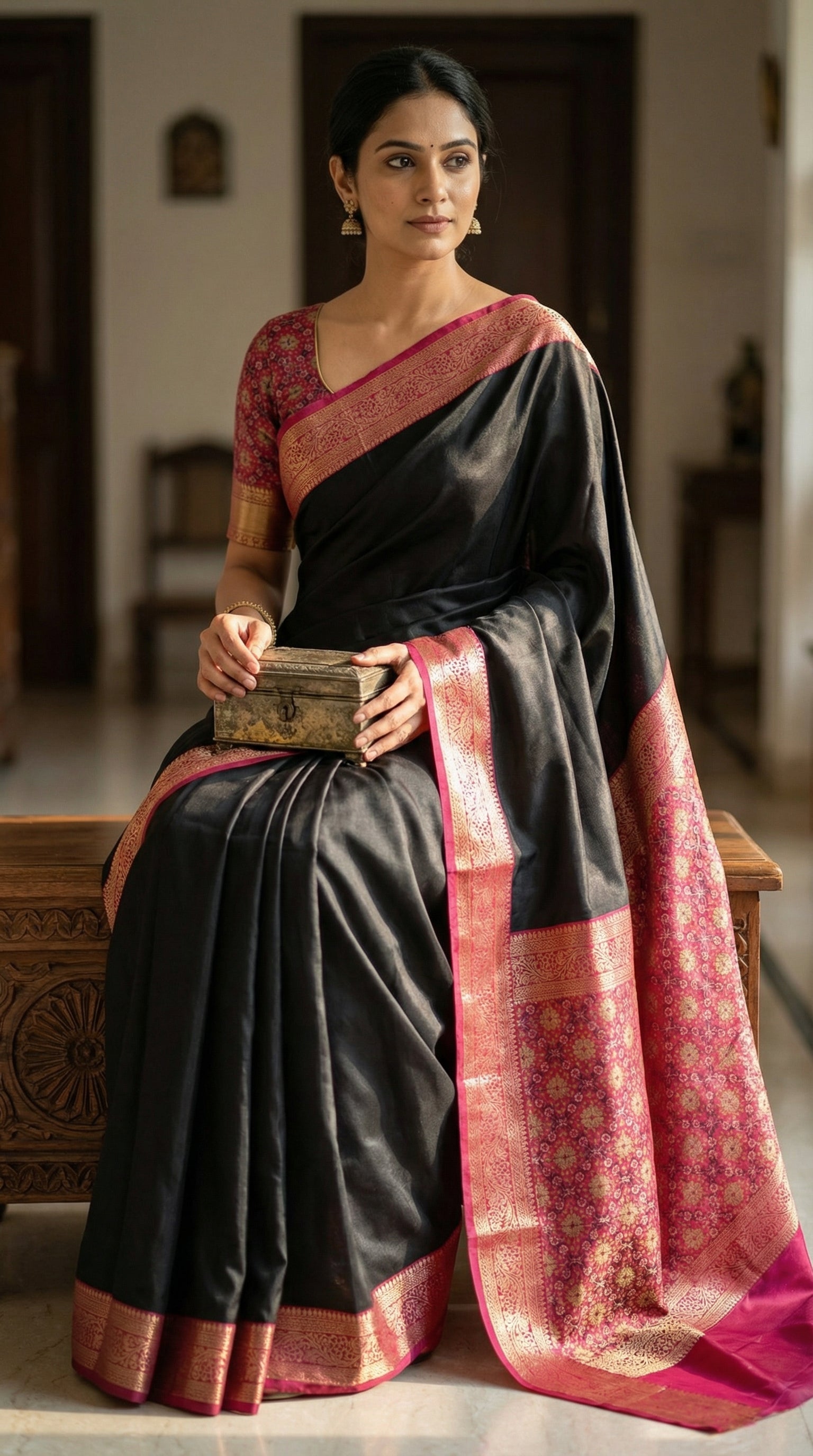 Woman wearing black pure soft silk saree with magenta zari border and golden motifs, sitting on top of a heavy, carved wooden dowry chest, holding a vintage jewelry box inside her house.
