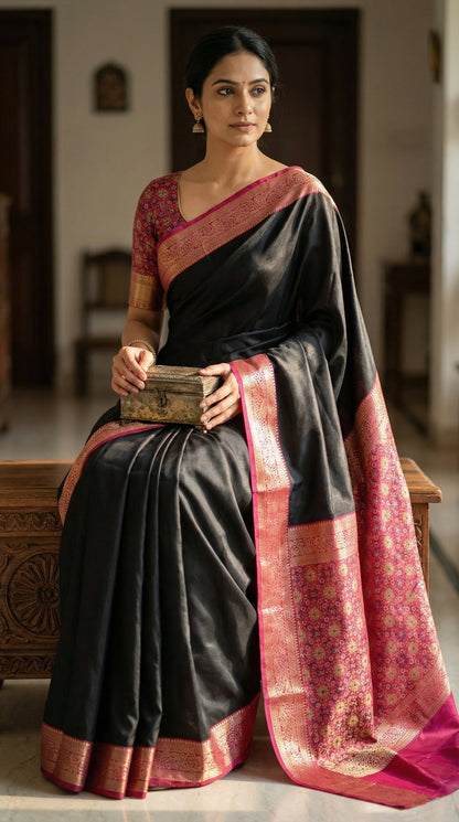 Woman wearing black pure soft silk saree with magenta zari border and golden motifs, sitting on top of a heavy, carved wooden dowry chest, holding a vintage jewelry box inside her house.