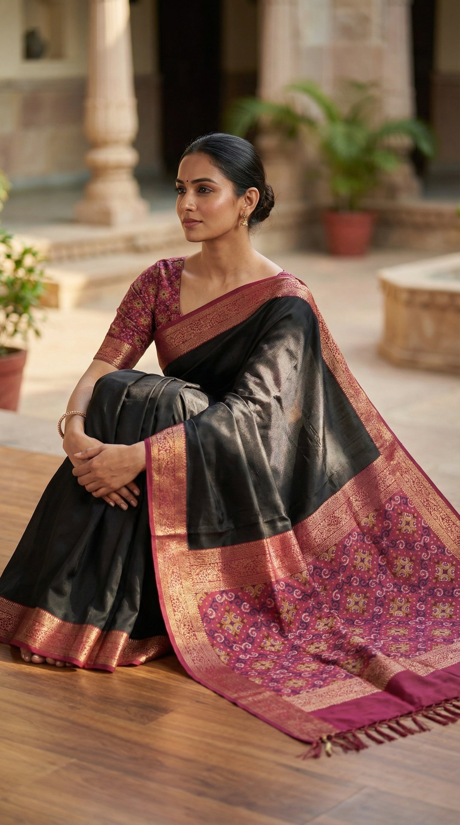 Woman wearing black pure soft silk saree with magenta zari border and golden motifs, sitting on the ground and hugging her knees, which keeps the visual soft while perfectly framing the saree and sleeve details.