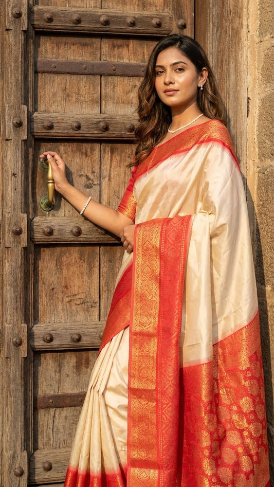 Woman wearing a pure silk cream saree with red zari border and golden motifs standing in front of a wooden door.