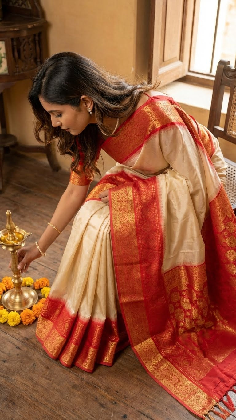 Woman in a pure silk cream saree with red zari border and golden motifssitting on the floor with a window in the background