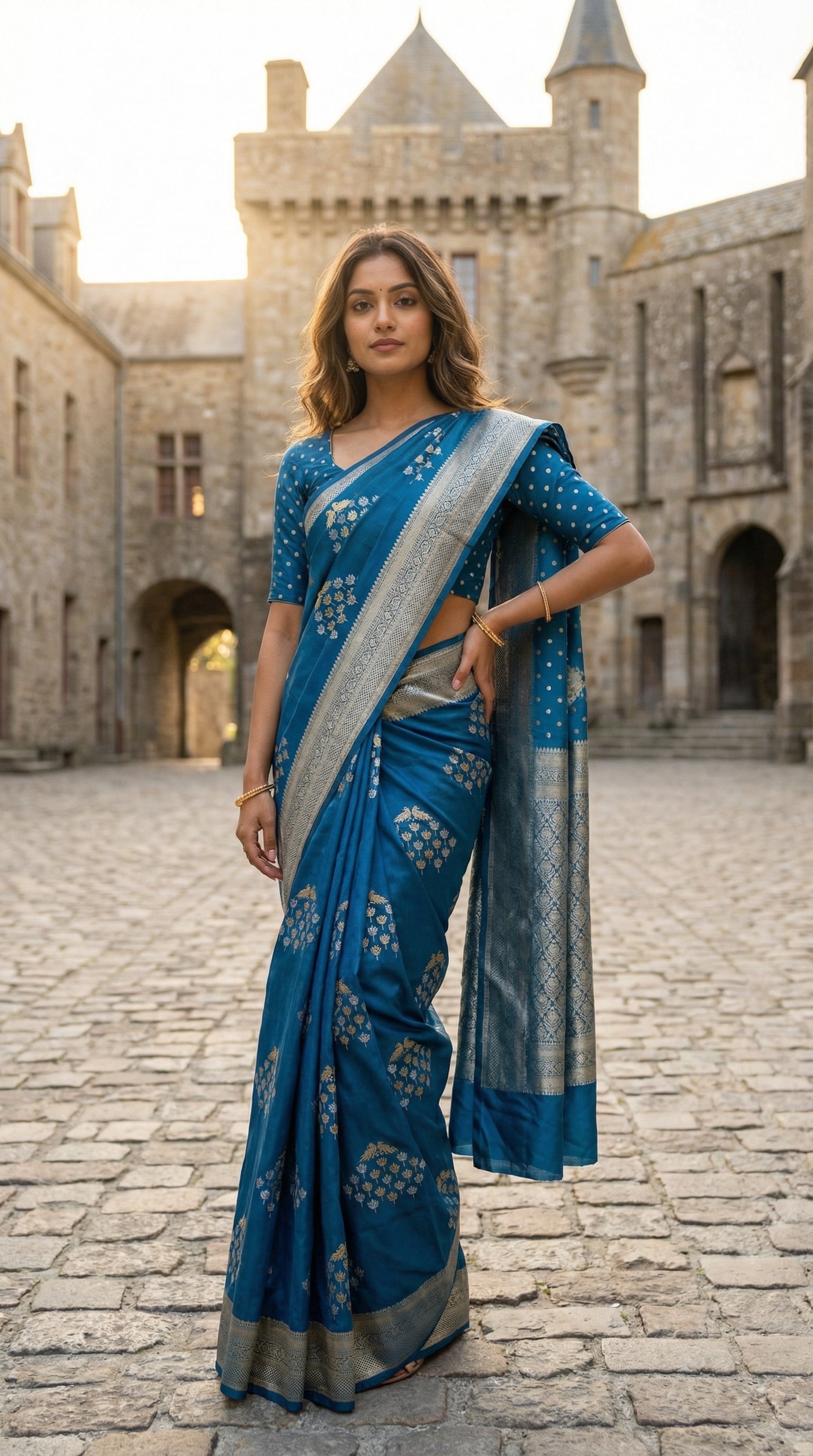 Woman wearing Blue pure soft silk saree with silver leaf motifs and luminous zari detailing. Standing tall with feet slightly apart and one hand firmly on the hip, emanating self-possession and modern elegance in a compound of the Mont Saint-Michel castle in Scotland.