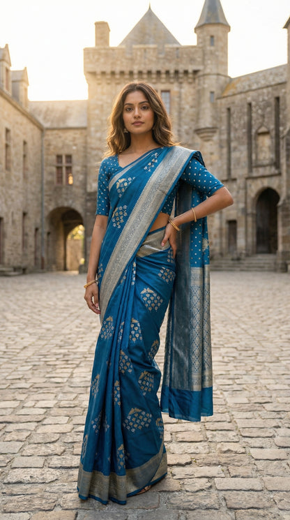 Woman wearing Blue pure soft silk saree with silver leaf motifs and luminous zari detailing. Standing tall with feet slightly apart and one hand firmly on the hip, emanating self-possession and modern elegance in a compound of the Mont Saint-Michel castle in Scotland.