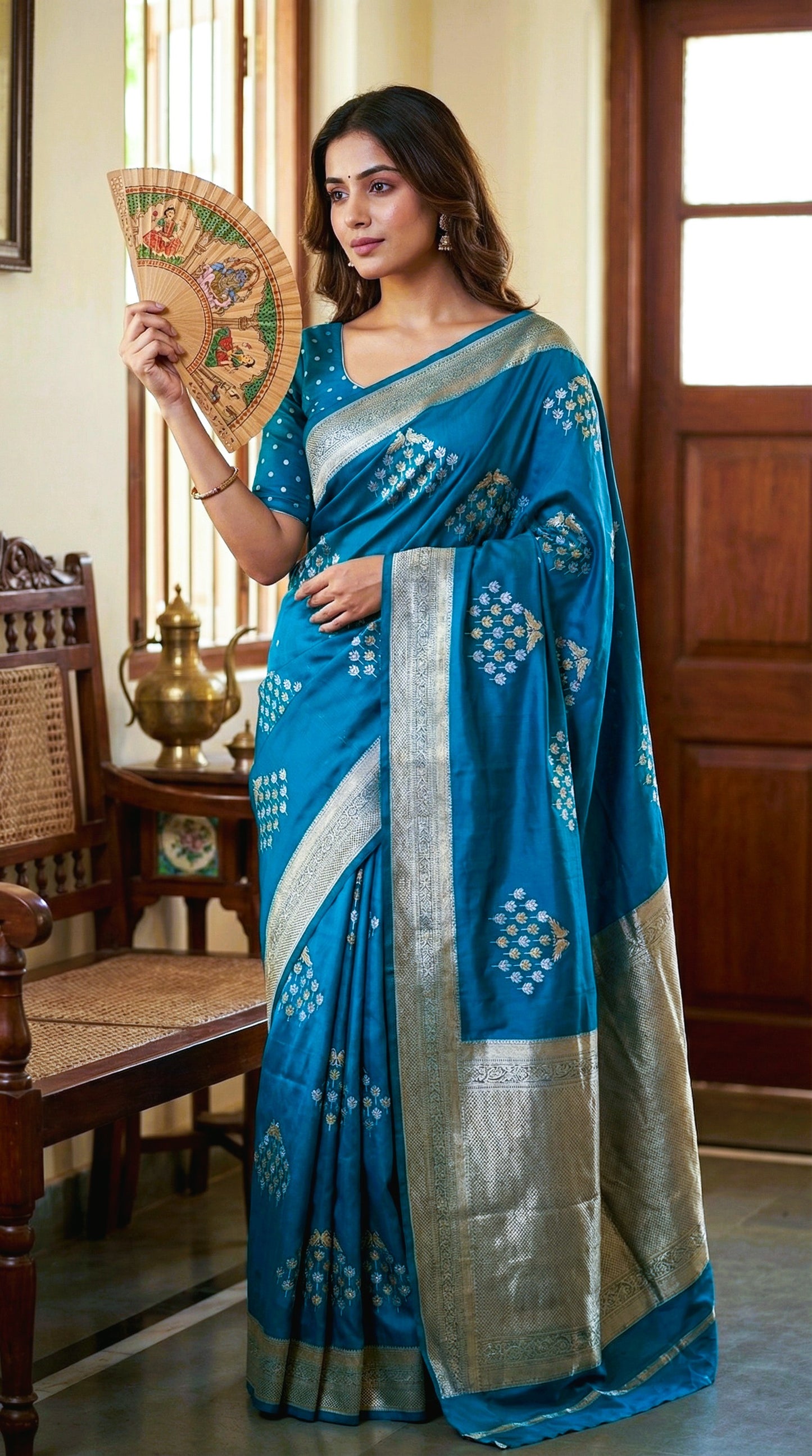 Woman wearing Blue pure soft silk saree with silver leaf motifs and luminous zari detailing. Standing with one hand holding an open hand-painted fan near the face, highlighting the saree's sleeve and shoulder drape.